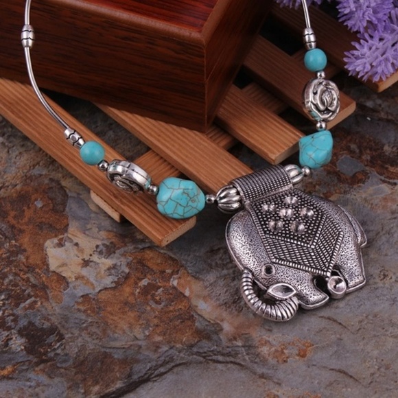 Boho Retro Good Luck Elephant Turquoise Pendant - Picture 3 of 6